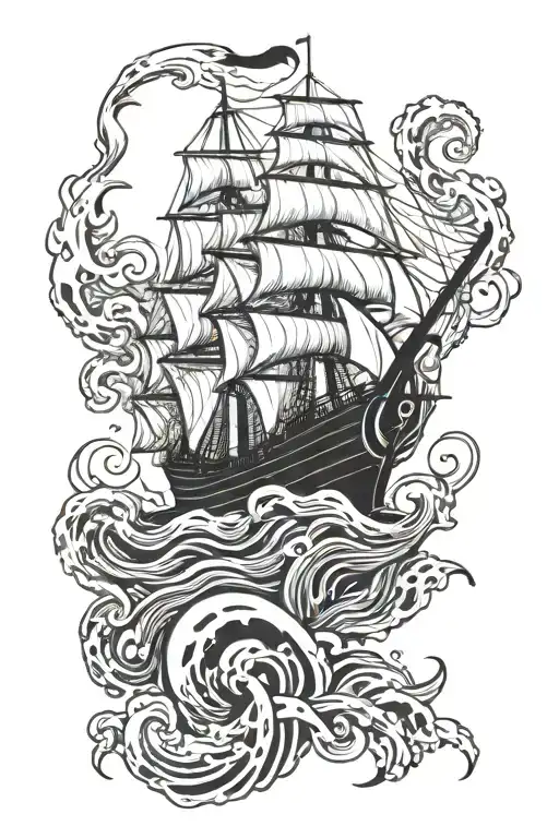 deep sea, neptune, kraken, ship sailing tattoo design idea