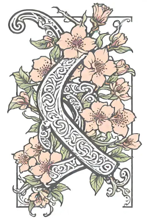 Memorial Tattoo starts with a cursive letter M and has cherry blossom branches coming from the end of the m tattoo design idea