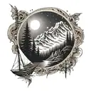 mountains, forrest, lone wolf, starry sky, compas and sail sleeve tattoo design idea