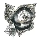 mountains, forrest, lone wolf, starry sky, compas and sail sleeve tattoo design idea
