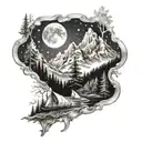 mountains, forrest, lone wolf, starry sky, compas and sail sleeve tattoo design idea