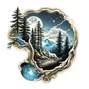 mountains, forrest, lone wolf, starry sky, compas and sail sleeve tattoo design idea