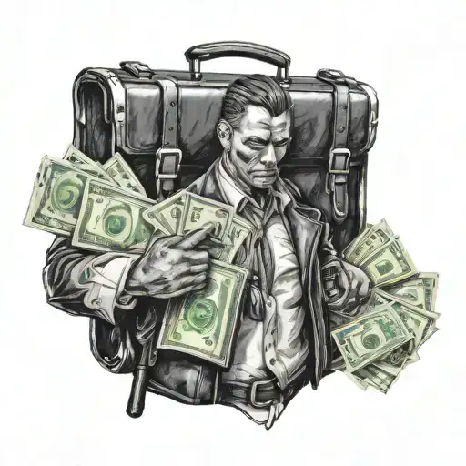 A gangster holding a briefcase full of cash in blackwork style tattoo design idea