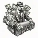 A gangster holding a briefcase full of cash in blackwork style tattoo design idea