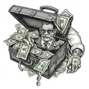 A gangster holding a briefcase full of cash in blackwork style tattoo design idea