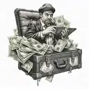 A gangster holding a briefcase full of cash in blackwork style tattoo design idea