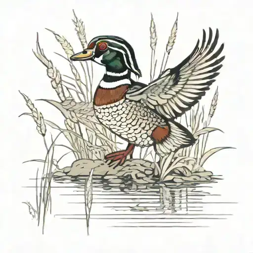 A wood duck landing in a swamp with reeds and cattails and cypress knees tattoo design idea