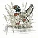 A wood duck landing in a swamp with reeds and cattails and cypress knees tattoo design idea