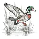 A wood duck landing in a swamp with reeds and cattails and cypress knees tattoo design idea