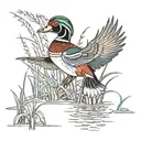 A wood duck landing in a swamp with reeds and cattails and cypress knees tattoo design idea