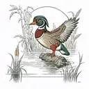 A wood duck landing in a swamp with reeds and cattails and cypress knees tattoo design idea