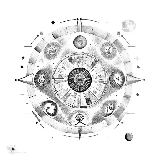 Zodiac wheel with gemini highlighted and moon phases incorporated tattoo design idea