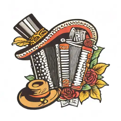 A traditional tattoo design of a vintage accordion surrounded by bingo lottery tickets and topped with a sombrero, all in a classic tattoo style tattoo design idea