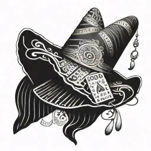 A sombrero with accordion keys intertwined, surrounded by bingo cards and lottery tickets tattoo design idea