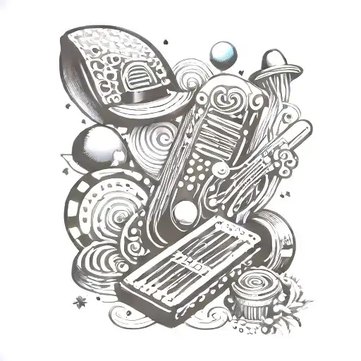 Abstract design featuring elements of bingo lottery tickets, accordions, and sombreros tattoo design idea