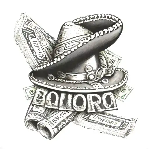 A realism tattoo design of a detailed sombrero with bingo lottery tickets wrapped around it, and an accordion peeking out from behind tattoo design idea