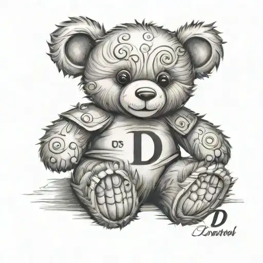realistic teddy bear with capital letter D tattoo design idea