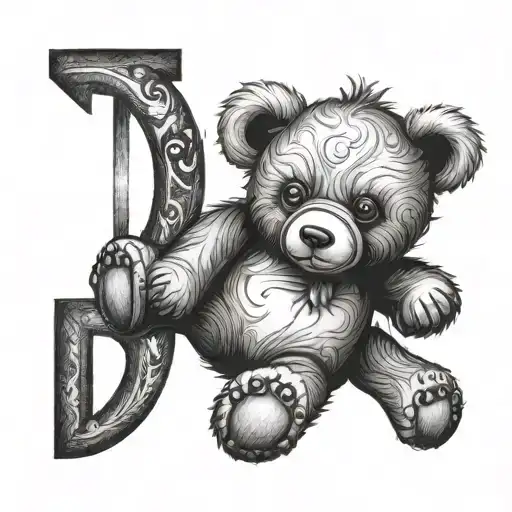 realistic teddy bear with a capital letter d tattoo design idea