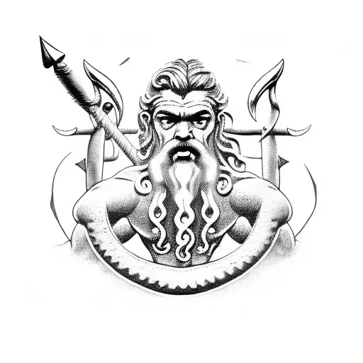 poseidon with his trident on top of a wave with crabs and the iemanja symbol tattoo design idea