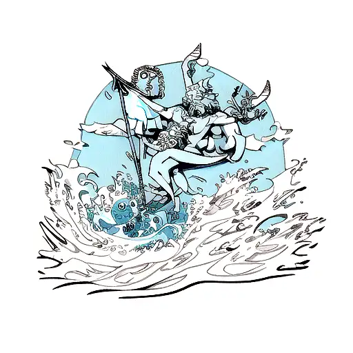 poseidon with his trident on top of a wave with crabs and the iemanja symbol tattoo design idea