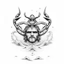 poseidon on top of a wave with a crab symbol tattoo design idea