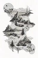 An intricate design of overlapping hiking trails and ocean waves tattoo design idea