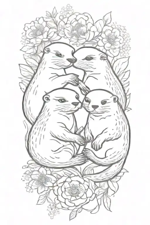 cute otters holding hands surrounded by floral design tattoo design idea