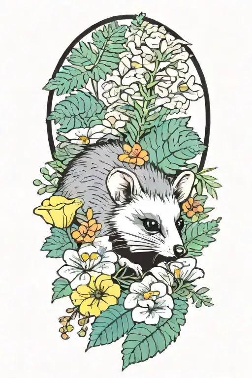 opossum holding flowers surrounded by flowers ferns and mushrooms tattoo design idea