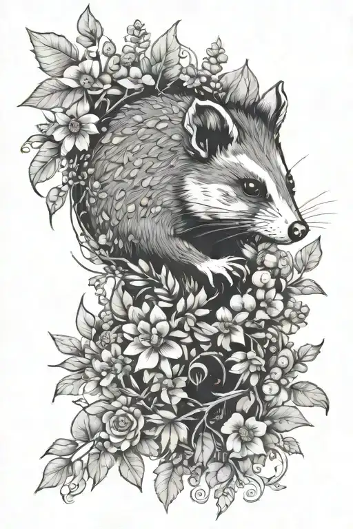 opossum surrounded by greenery and flowers  tattoo design idea