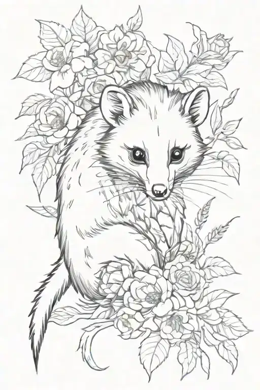 opossum and floral  tattoo design idea