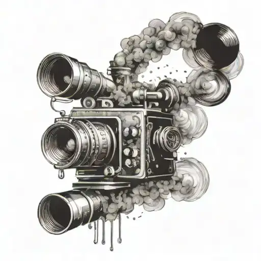 An abstract composition of cigarette smoke forming into a silhouette of a vintage movie camera tattoo design idea
