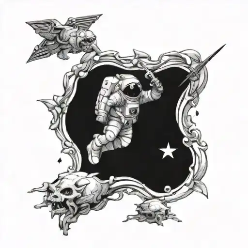 An astronaut warrior fighting off mythical space creatures, representing the battle against inner demons and outer challenges tattoo design idea