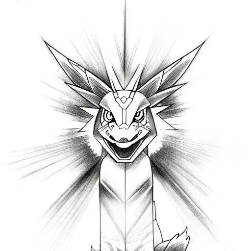 Create a tattoo design of Renamon evolving into a more powerful form tattoo design idea
