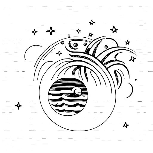 a moon with sea waves, with 3 stars and a palm tree tattoo design idea
