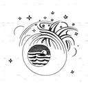 a moon with sea waves, with 3 stars and a palm tree tattoo design idea