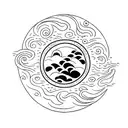 a moon with sea waves, with 3 stars and a palm tree tattoo design idea