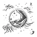 a moon with sea waves, with 3 stars and a palm tree tattoo design idea