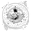 a moon with sea waves, with 3 stars and a palm tree tattoo design idea