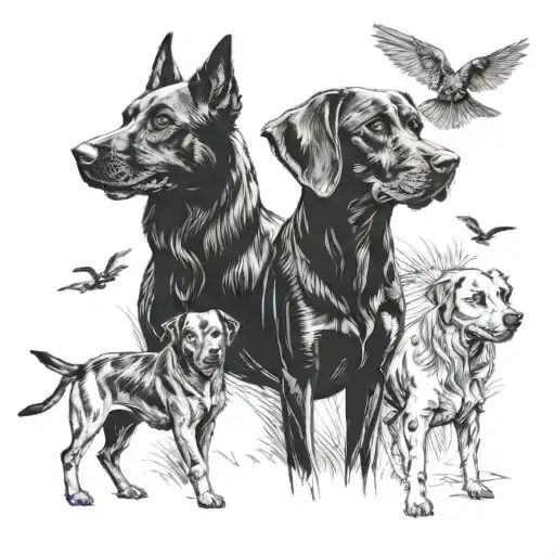 5 dogs i’ve owned in my life time called charlie, valerie, leroy and henry on a farm chasing birds with a outline figure tattoo design idea