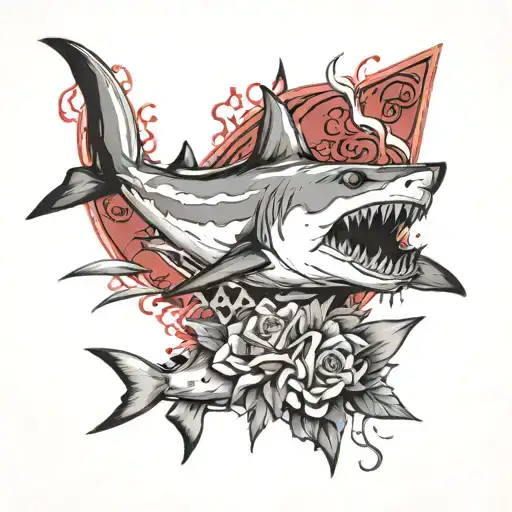 a black and white drawing of a shark dominating over a submissive queen of spades tattoo design idea