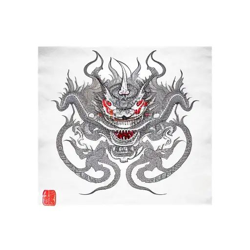 dragon with hannya mask and fudog tattoo design idea