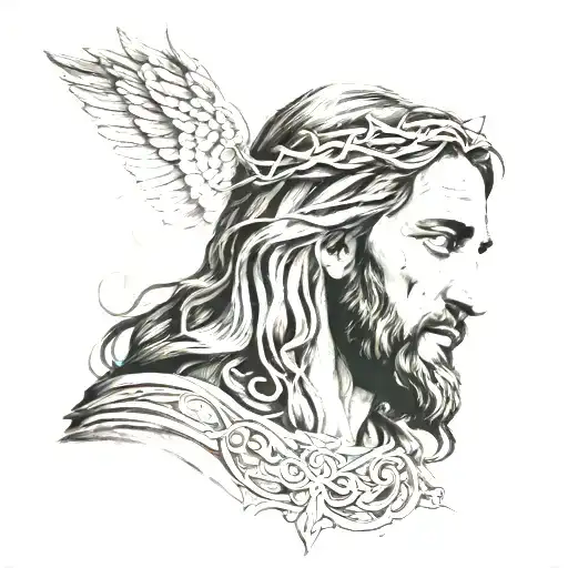 A portrait of Jesus with a background of Proverbs verses tattoo design idea