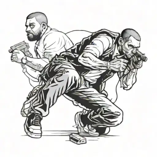 Incorporate iconic GTA characters like Trevor, Franklin, and Michael in a dynamic action scene tattoo design idea