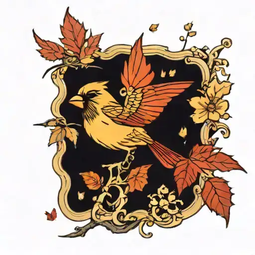  gold and red maple leaves falling around a flying cardinal tattoo design idea