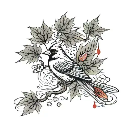 maple leaves falling around a flying cardinal tattoo design idea