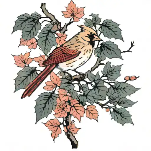 cardinal and red maple leaves tattoo design idea