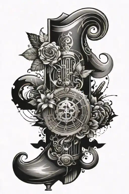 Small design for the lower leg shaded with the concept of success in the future using symbols and busy tattoo design idea