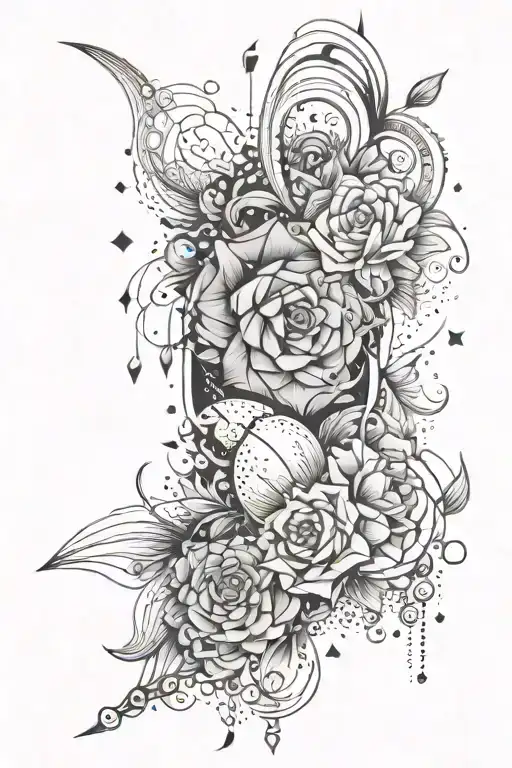 Small design for the lower leg shaded with the concept of success in the future using symbols and busy tattoo design idea