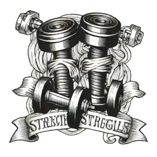 Dumbbells intertwined with a ribbon that reads "Strength Through Struggle." tattoo design idea