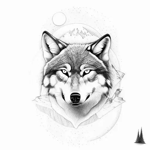 wilderness scene with a wolf head and a big moon tattoo design idea